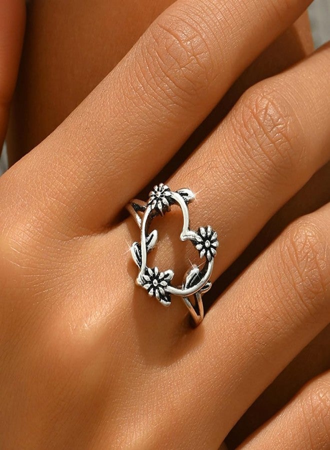 BlingNook Silver Rings For Women, Retro Flower Heart Ring Stackable Trendy Floral Engagement Elegant Statement Wedding Birthday Jewelry Gift (Retro Silver, 7) - Image 2